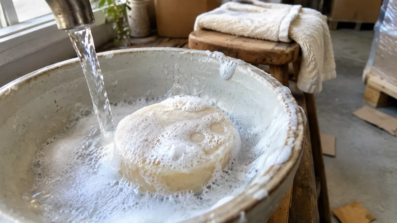 Barra de champú con espuma cremosa bajo el agua en un lavabo de cerámica