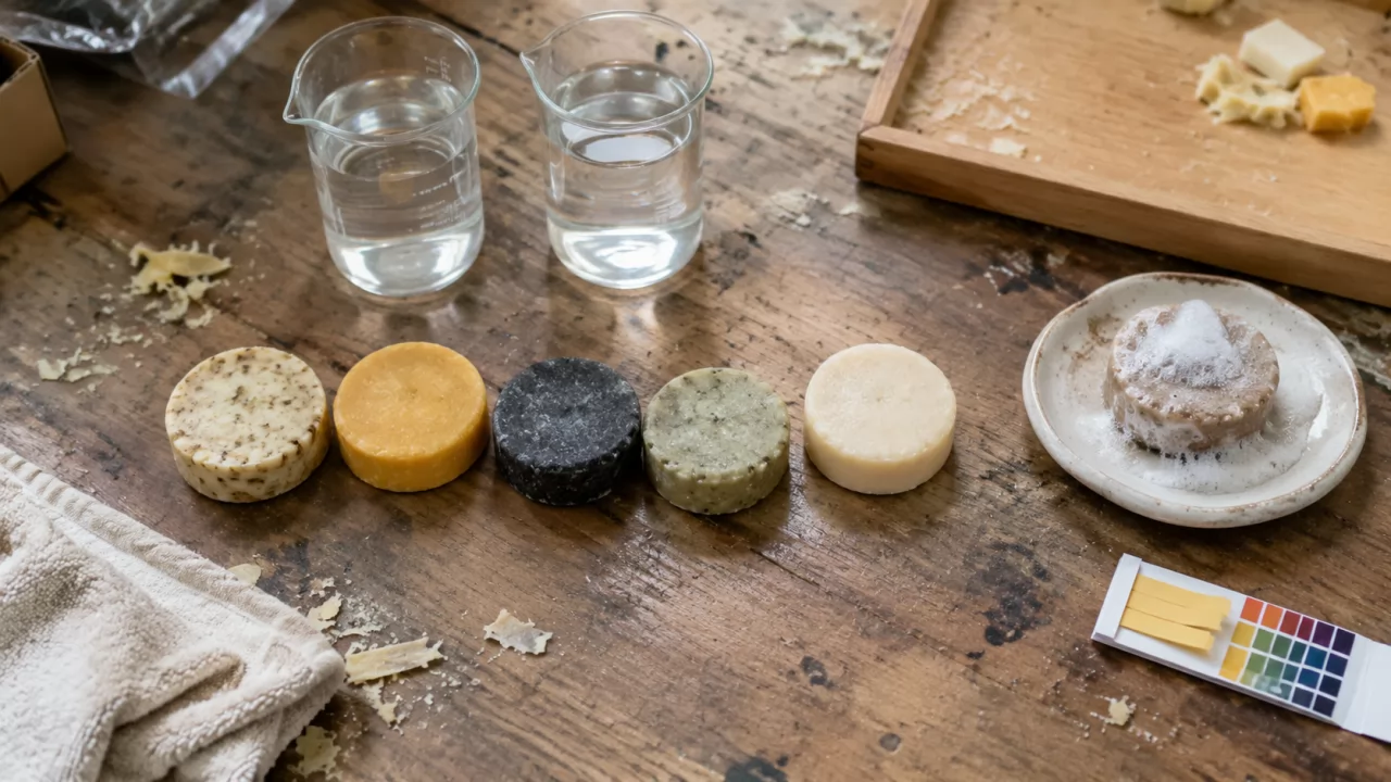 Muestras de barras de champú junto a vasos de agua en una mesa de taller