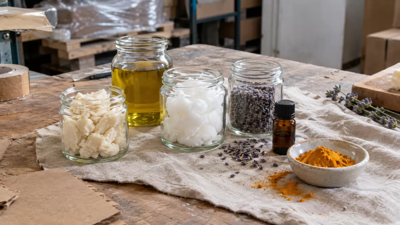 Jars of oils, butters, botanicals and essential oil laid out on linen